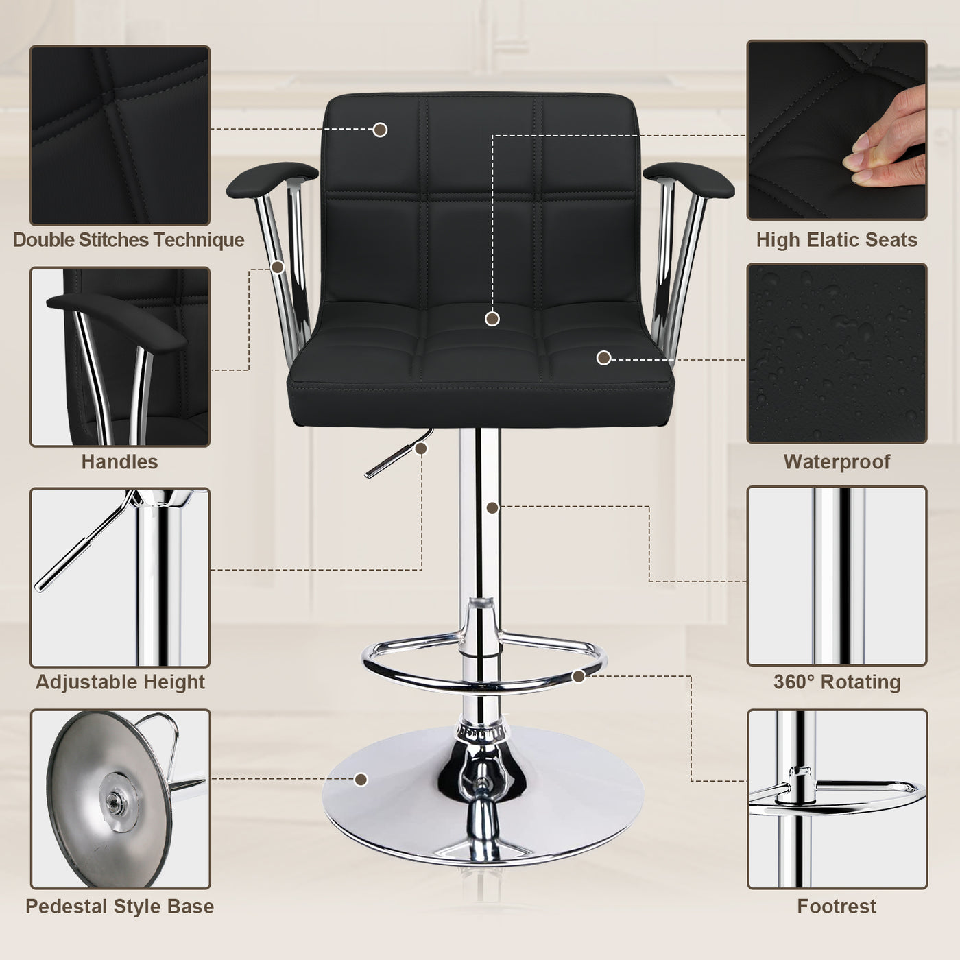 Bar Stools Set of 2, Armrest Adjustable Swivel Barstools with Back