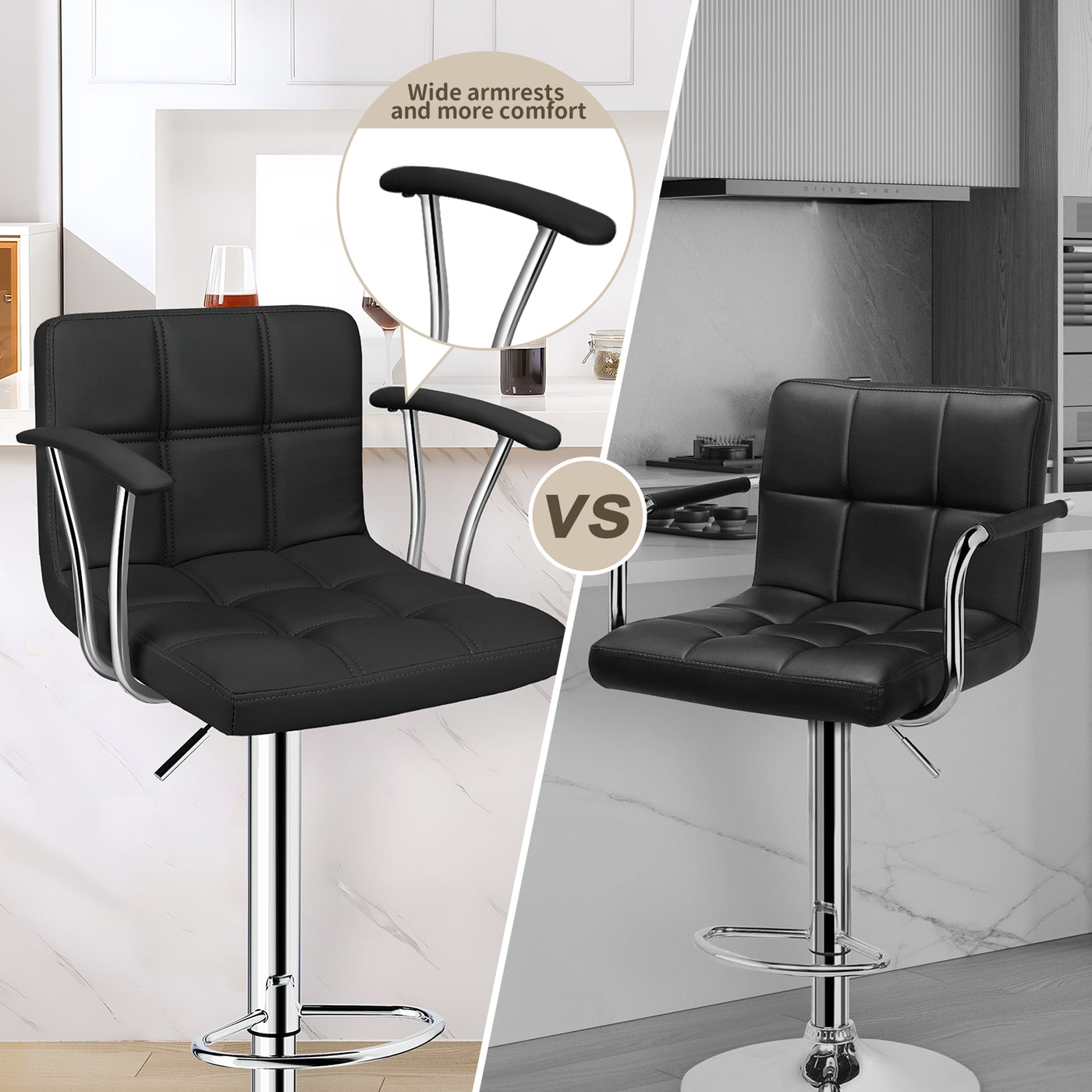 Bar Stools Set of 2, Armrest Adjustable Swivel Barstools with Back