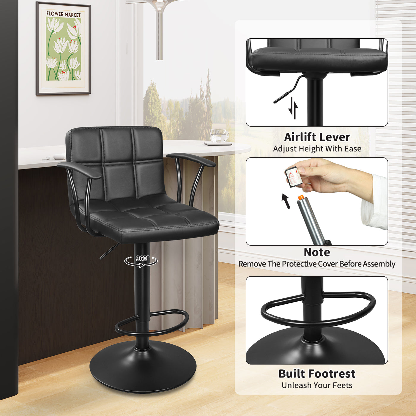 Bar Stools Set of 2, Armrest Adjustable Swivel Barstools with Back