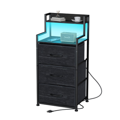 Tall Nightstand with Light and Charging Station 3 Fabric Drawers and Storage Shelf