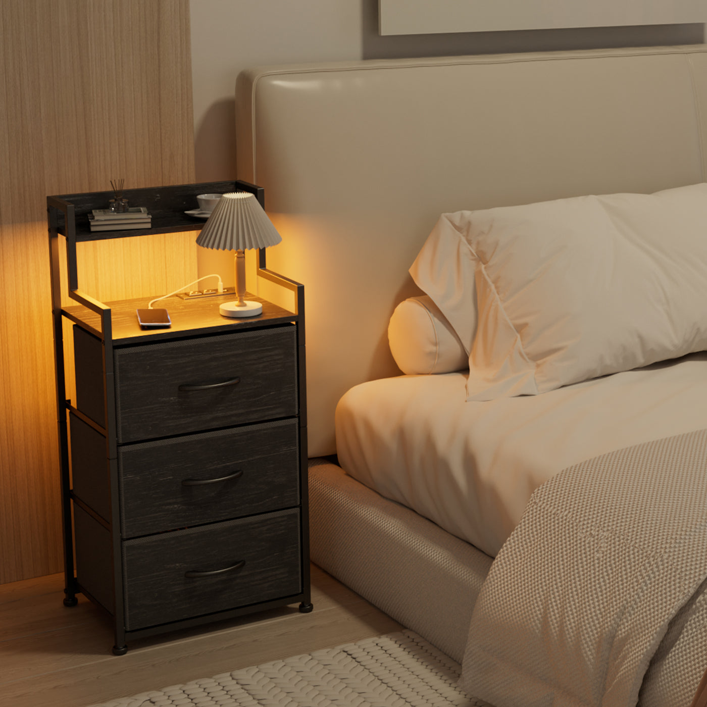Tall Nightstand with Light and Charging Station 3 Fabric Drawers and Storage Shelf