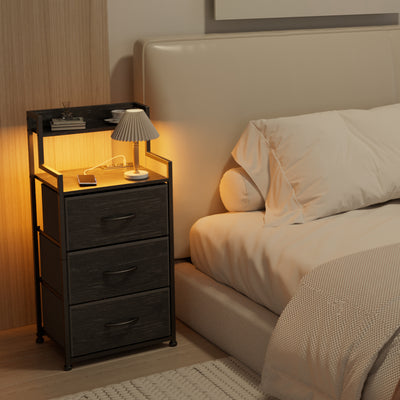 Tall Nightstand with Light and Charging Station 3 Fabric Drawers and Storage Shelf