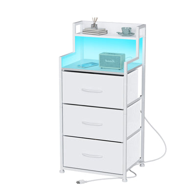 Tall Nightstand with Light and Charging Station 3 Fabric Drawers and Storage Shelf
