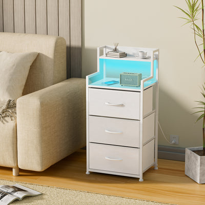 Tall Nightstand with Light and Charging Station 3 Fabric Drawers and Storage Shelf