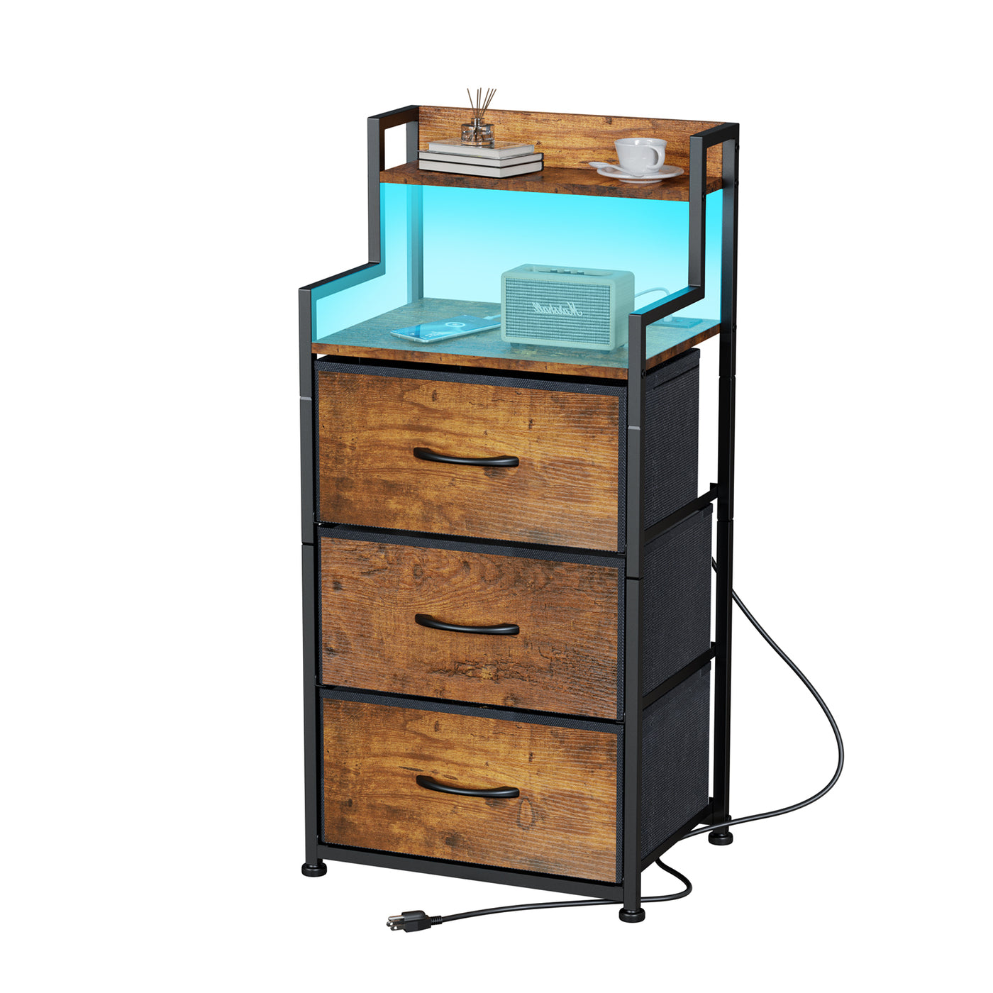 Tall Nightstand with Light and Charging Station 3 Fabric Drawers and Storage Shelf
