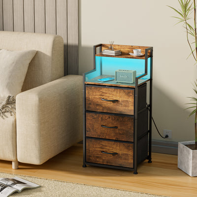 Tall Nightstand with Light and Charging Station 3 Fabric Drawers and Storage Shelf