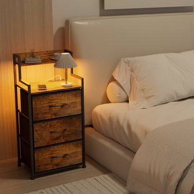 Tall Nightstand with Light and Charging Station 3 Fabric Drawers and Storage Shelf