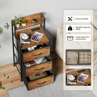 Tall Nightstand with Light and Charging Station 3 Fabric Drawers and Storage Shelf