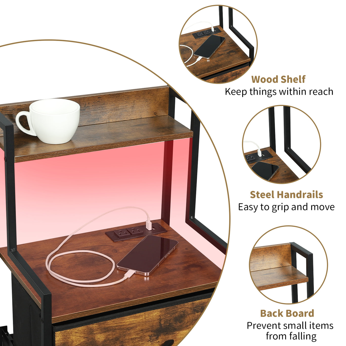 Tall Nightstand with Light and Charging Station 3 Fabric Drawers and Storage Shelf
