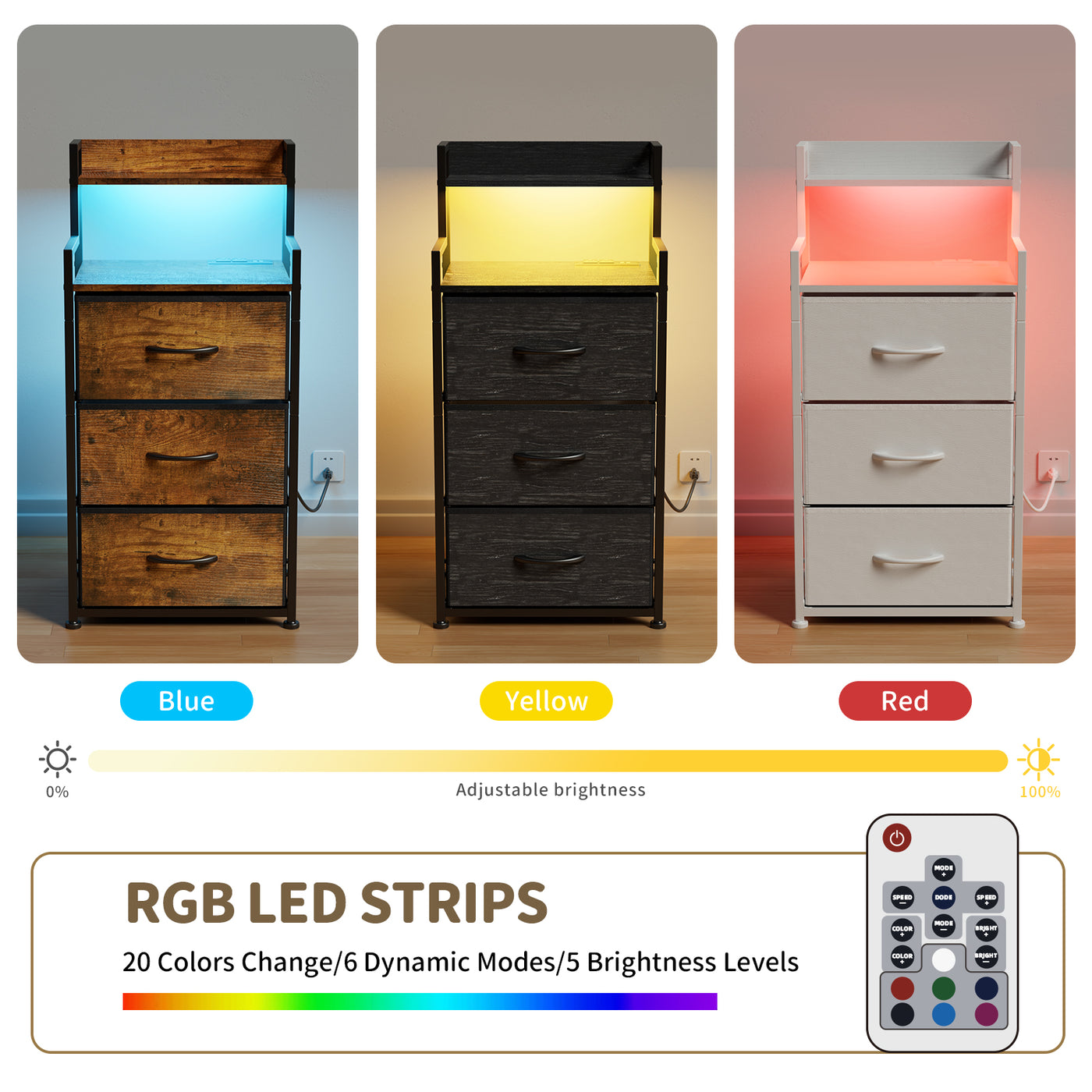Tall Nightstand with Light and Charging Station 3 Fabric Drawers and Storage Shelf