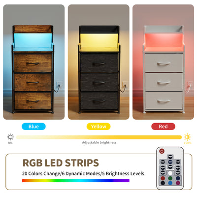 Tall Nightstand with Light and Charging Station 3 Fabric Drawers and Storage Shelf
