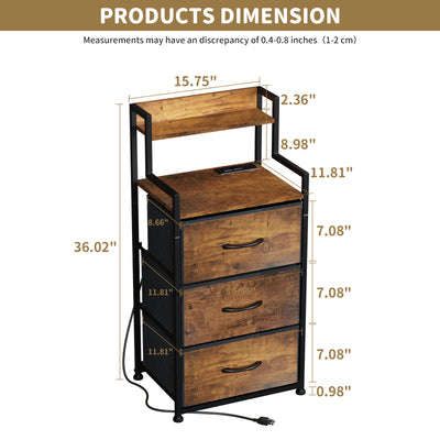 Tall Nightstand with Light and Charging Station 3 Fabric Drawers and Storage Shelf