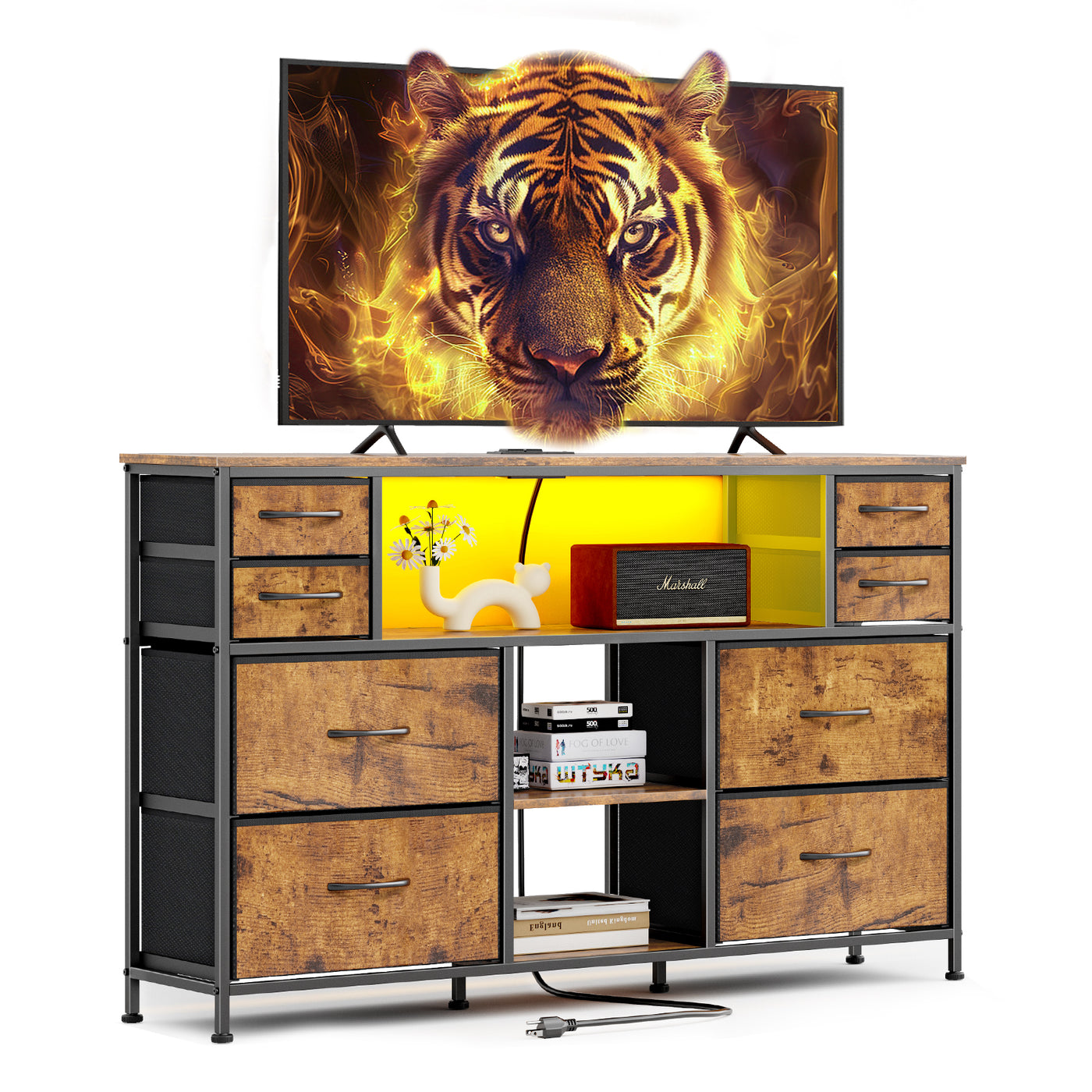 Dresser Drawers TV Stand with LED Lights and Power Outlet for Living Room