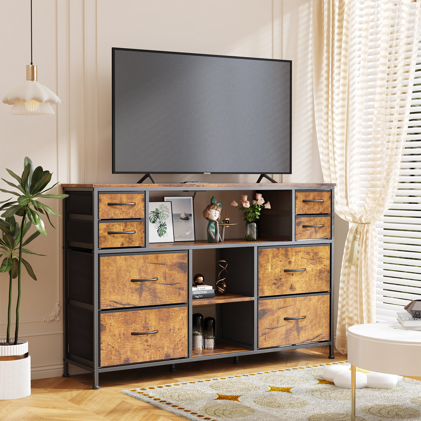 Dresser Drawers TV Stand with LED Lights and Power Outlet for Living Room