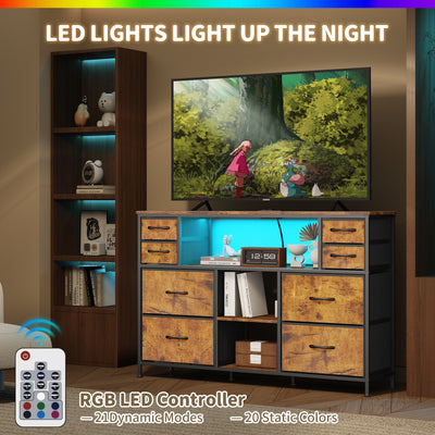 Dresser Drawers TV Stand with LED Lights and Power Outlet for Living Room