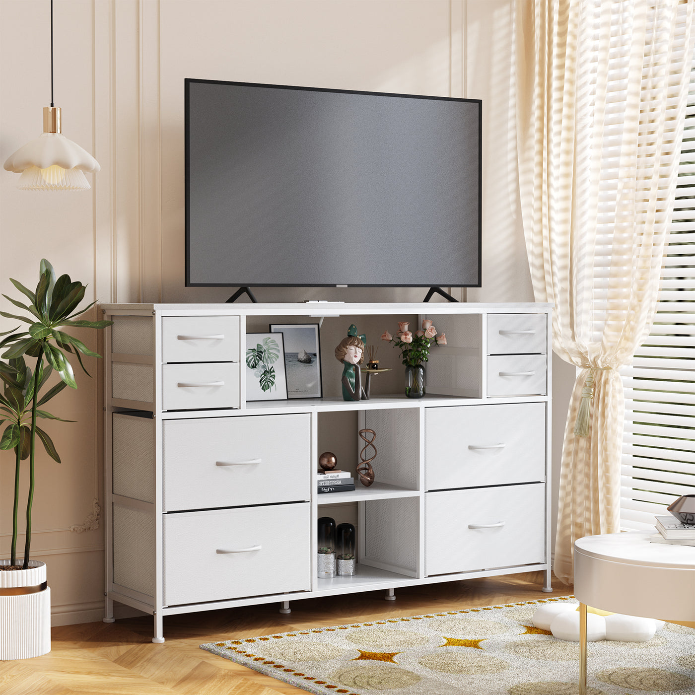 Dresser Drawers TV Stand with LED Lights and Power Outlet for Living Room