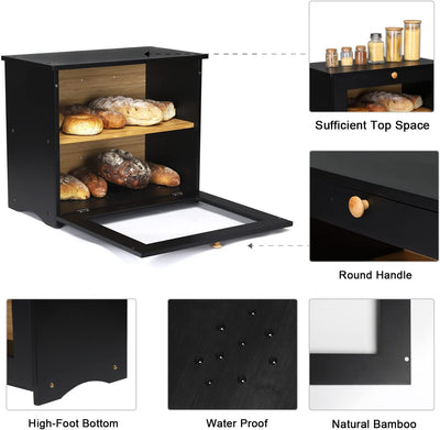 Bamboo Double Layer Regular Bread Box Black