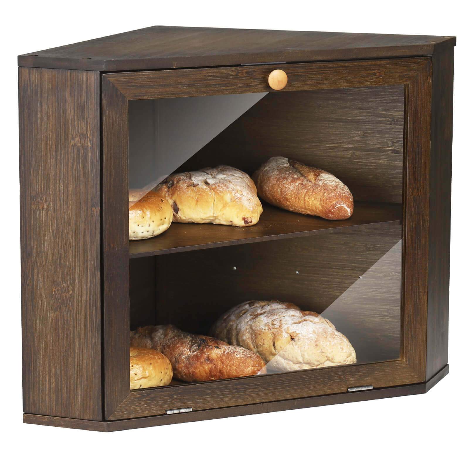 HOMEKOKO Double Layers Bamboo Corner Bread Box for Kitchen Counter, Wooden  Large Capacity Bamboo Bread Food Storage Bin (Black)