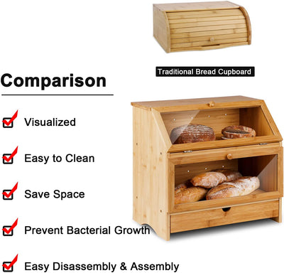 Bamboo Two-layer Bread Box With Drawer - HOMEKOKO