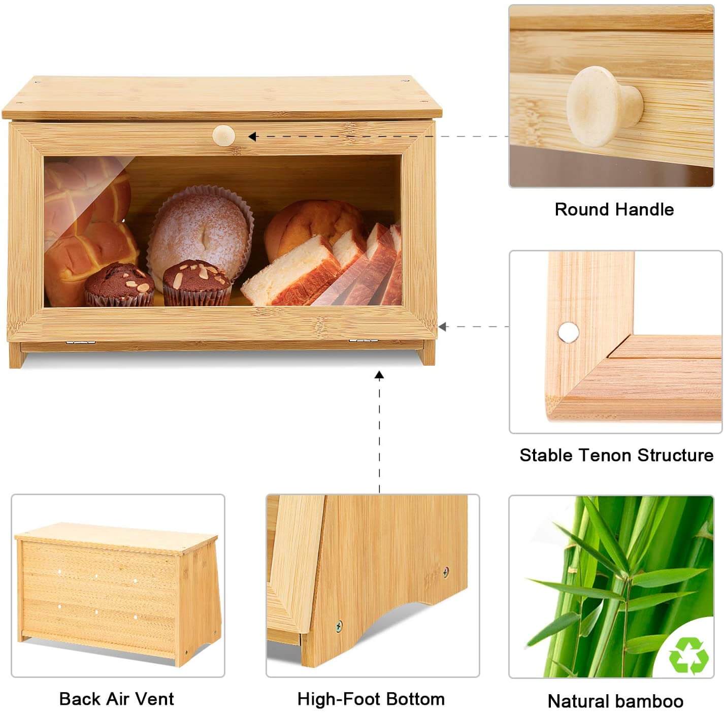 HOMEKOKO Double Layers Bamboo Corner Bread Box for Kitchen Counter, Wooden  Large Capacity Bamboo Bread Food Storage Bin (Black)
