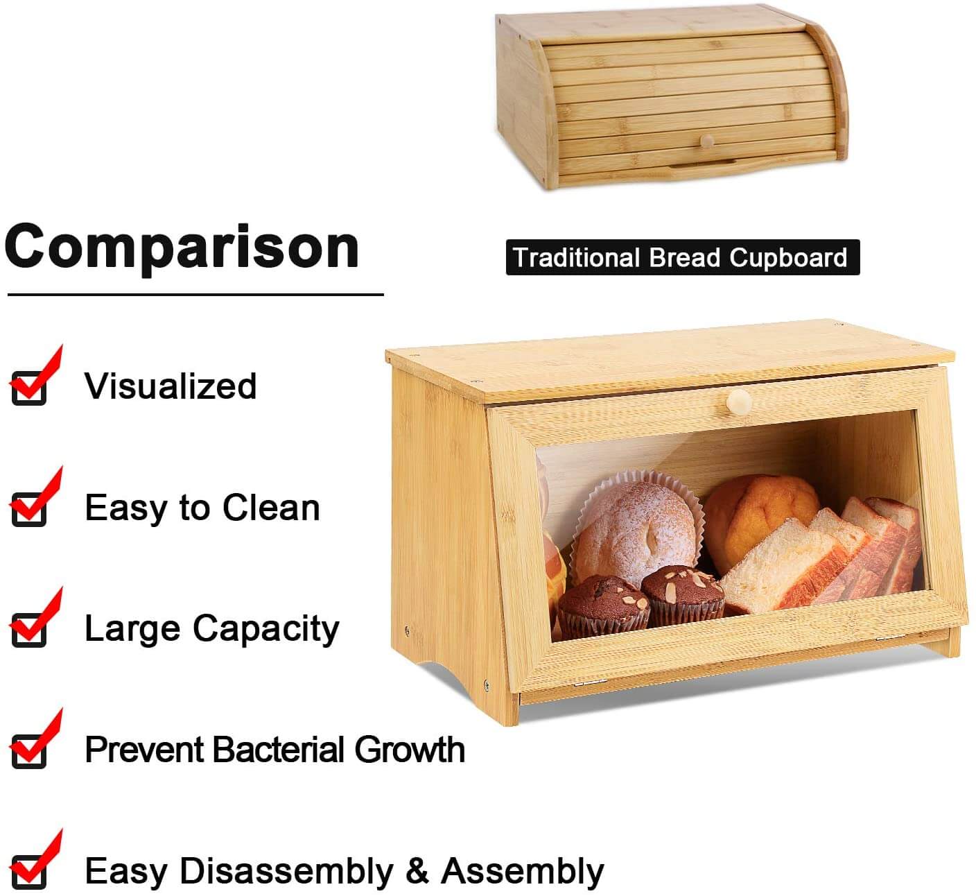 HOMEKOKO Double Layer Large Bread Box for Kitchen Counter, Wooden Large Capacity Bread Storage Bin (Black)