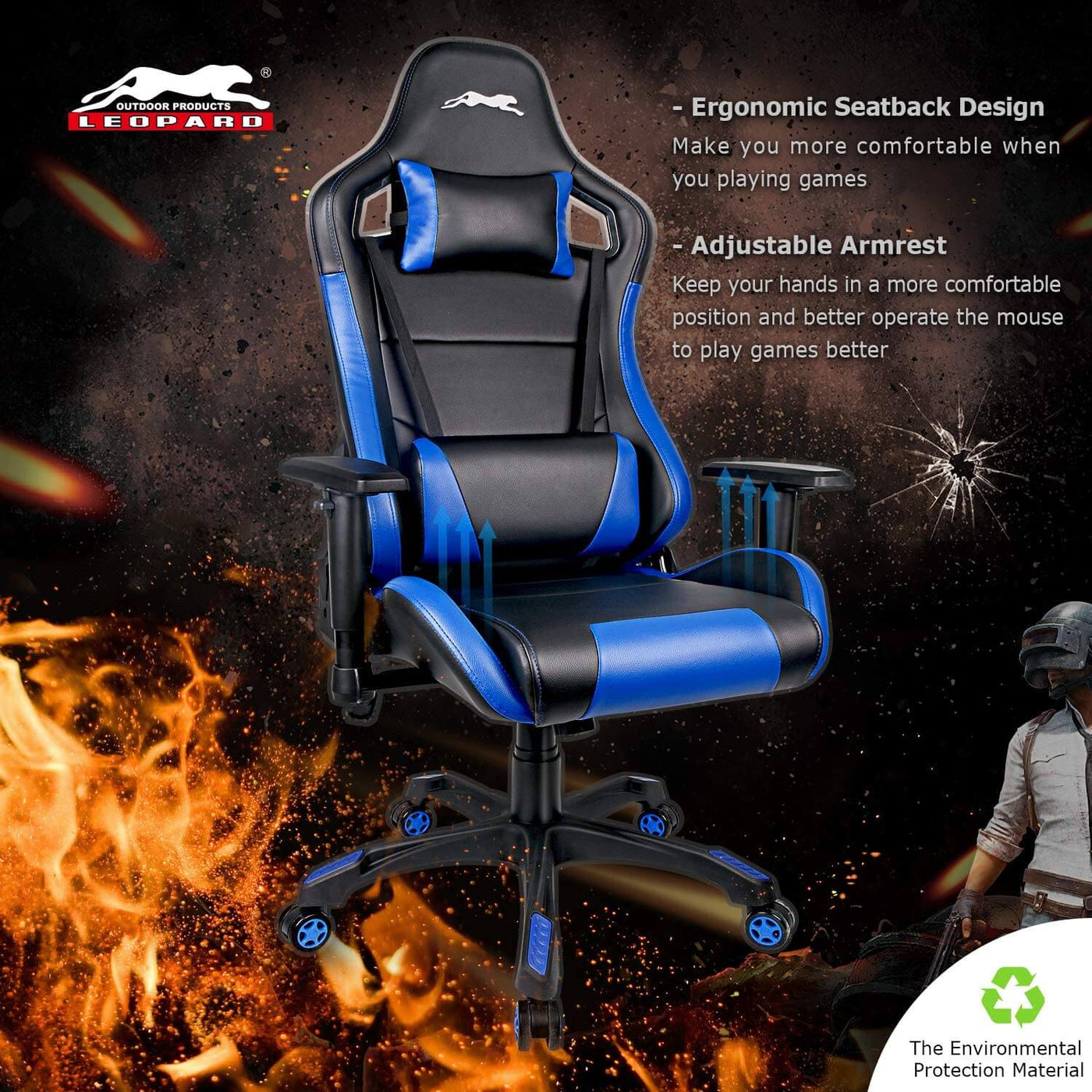 Swivel Gaming Chair with Adjustable Armrest Blue - HOMEKOKO