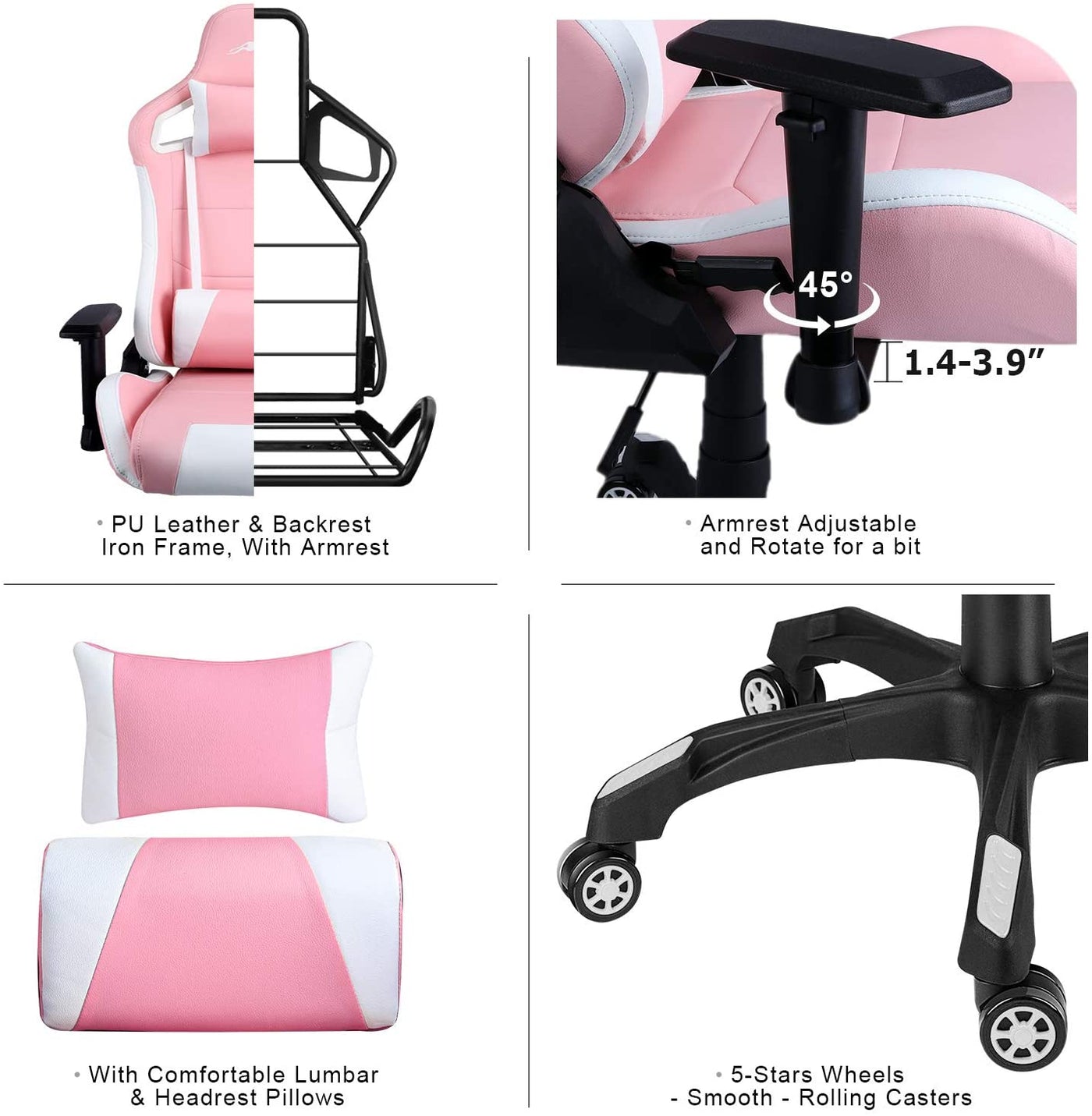 Swivel Gaming Chair with Adjustable Armrest Pink - HOMEKOKO